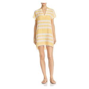 LEMLEM Womens Gold Fringed Vented Hem Short Sleeve Split Mini Tunic Dress XS